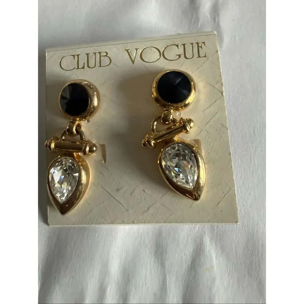 Club Vogue Women's Gold Tone Black Onyx Pear-Shaped Crystal Drops Earrings NWT